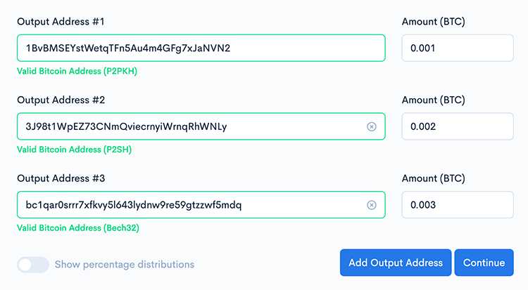 Outputs Screen with some example outgoing Bitcoin Addresses